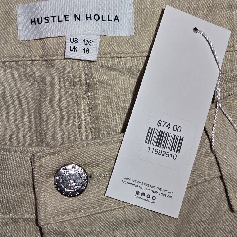 Wide Leg Pocket Cargo Pants HUSTLE N HOLLA NWT Beige US 12/31 UK 16 Skater Punk - Picture 5 of 9